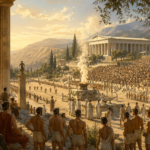 Ilustración de los primeros Juegos Olímpicos celebrados en el santuario de Olimpia, con el templo de Zeus en la Antigua Grecia