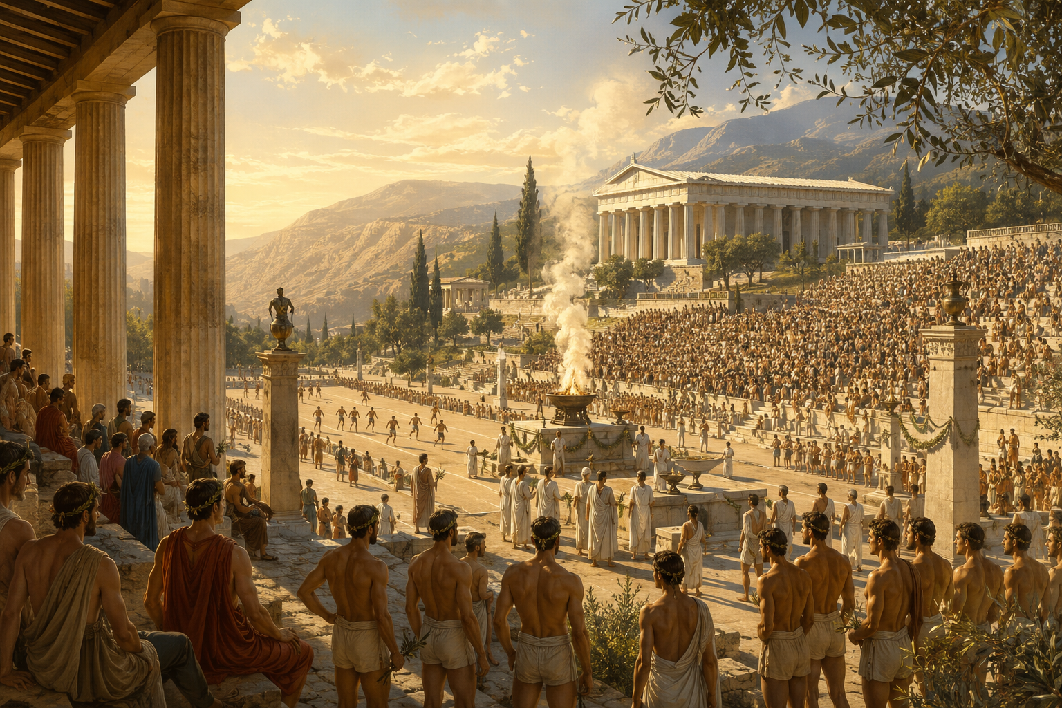 Ilustración de los primeros Juegos Olímpicos celebrados en el santuario de Olimpia, con el templo de Zeus en la Antigua Grecia
