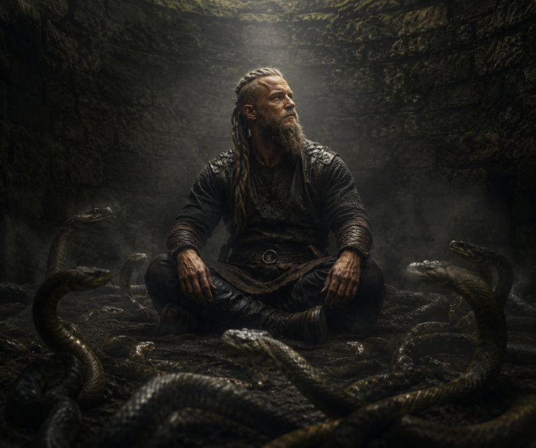 Ilustración de Ragnar Lodbrok, rey vikingo capturado y ejecutado en un foso de serpientes venenosas en Northumbria, Inglaterra