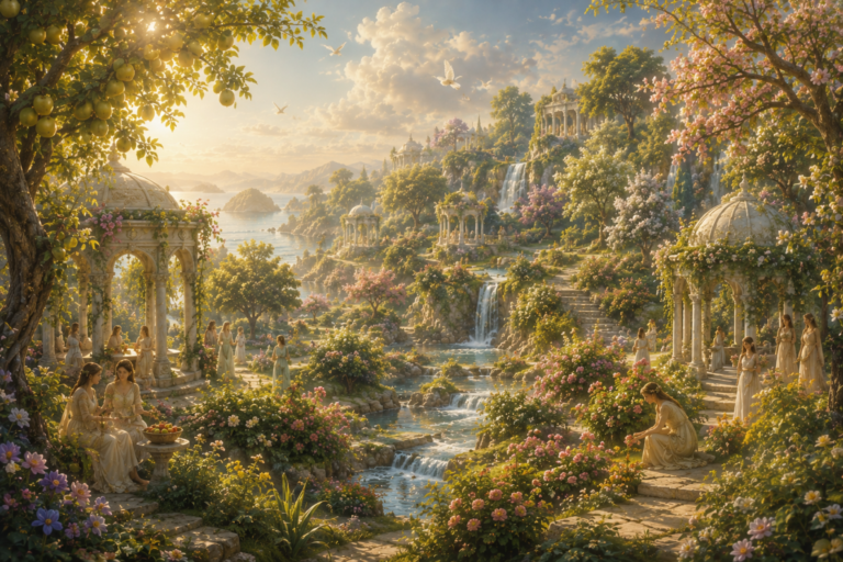 Reino de Tír na mBan con jardines eternamente fértiles, árboles frutales y flores del Otro Mundo irlandés