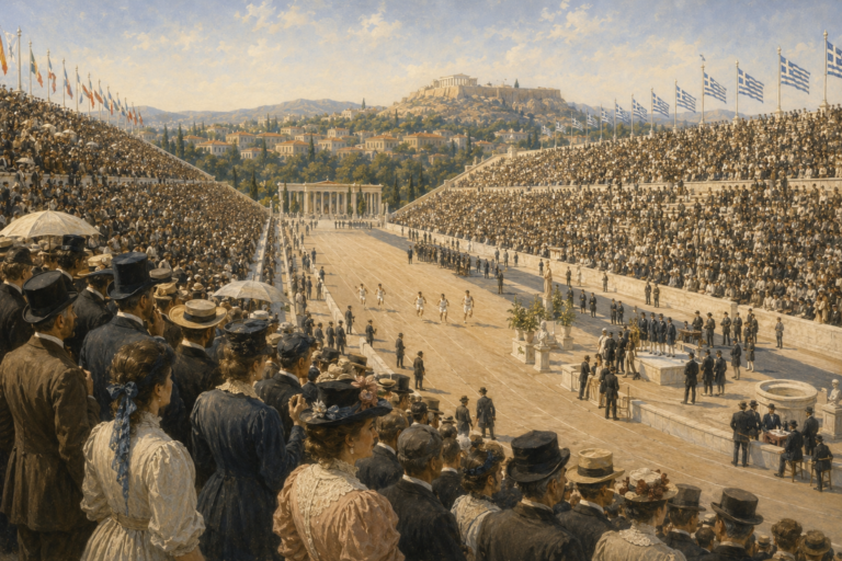 Ilustración de los primeros Juegos Olímpicos modernos celebrados en el Estadio Panathinaikó de Atenas en 1896.
