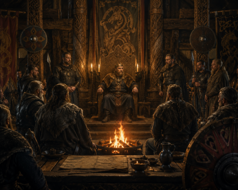 Ilustración inspirada en un salón vikingo asociados al reino de Jórvík