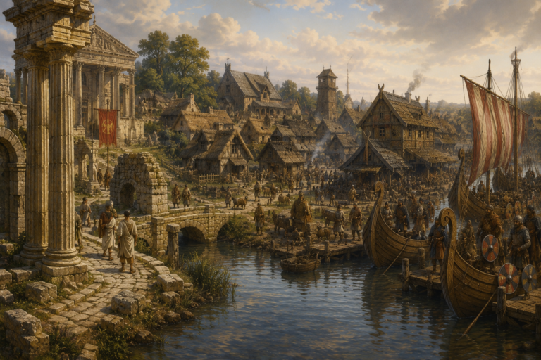 Ilustración inspirada en Eboracum fundada por lo romanos, Eoforwic de los anglosajones y posteriormente pasó a manos vikingas bajo el nombre de Jóvík