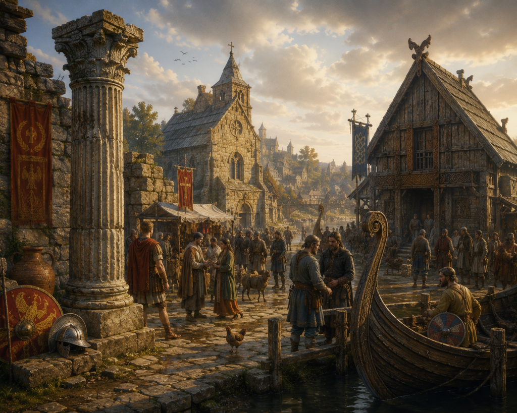 Ilustración inspirada en los distintos pueblos que coexistieron, los romanos, los anglosajones y vikingos