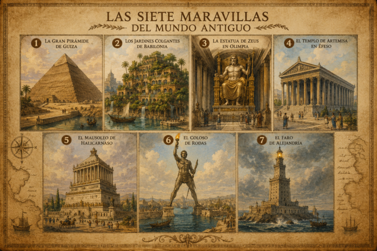 Ilustración de las Siete Maravillas del Mundo Antiguo