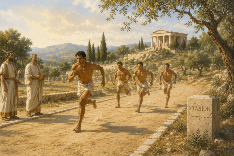Ilustración de la prueba stadion, la primera carrera de los Juegos Olímpicos de la Antigua Grecia 