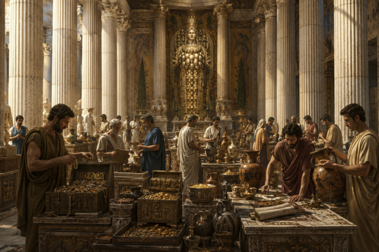 Ilustración del interior del Templo de Artemisa en Éfeso con comerciantes y riquezas almacenadas en su interior