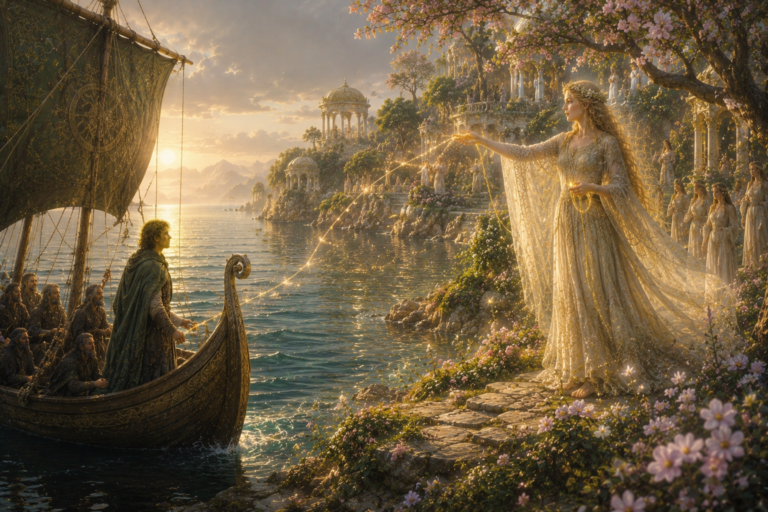 La reina de Tír na mBan guía el barco de Bran mediante un hilo mágico hacia la costa