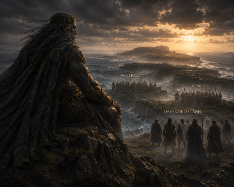 Balor, rey fomoriano contemplando las sucesivas generaciones de pueblos míticos de Irlanda.