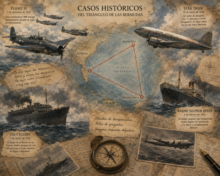 Ilustración de lámina histórica con algunos de los casos más conocidos asociados al Triángulo de las Bermudas, entre ellos Flight 19, USS Cyclops, Star Tiger y Marine Sulphur Queen.