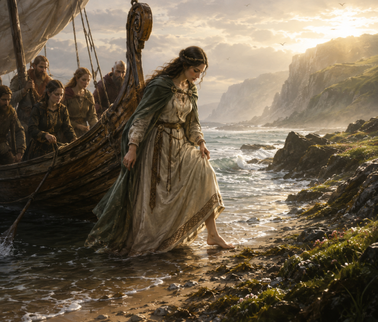 Cessair poniendo por primera vez un pie en Irlanda según la mitología irlandesa.