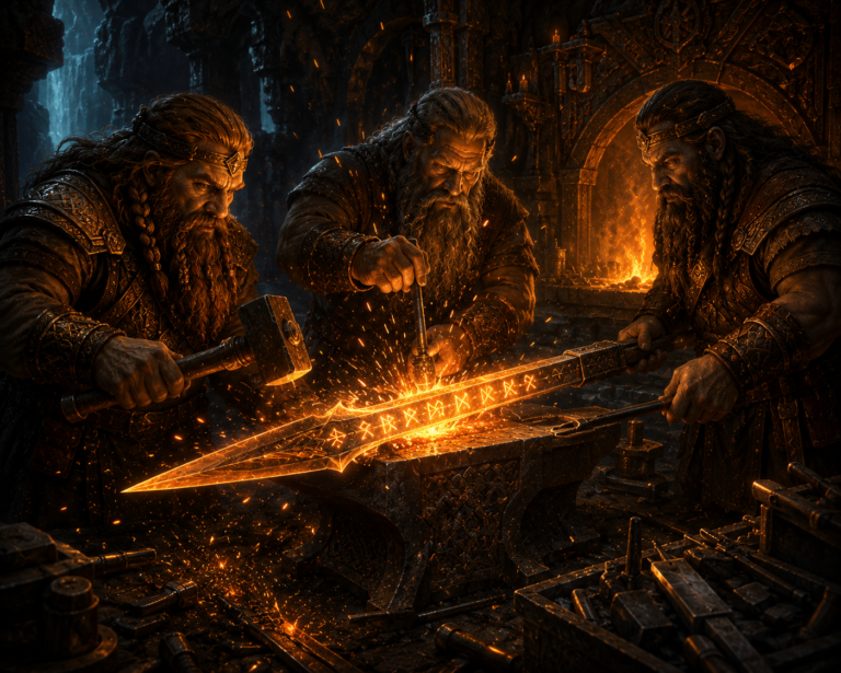 Loa hijos de Ivaldi forjando Gungnir en la fragua de Svartarfheim.