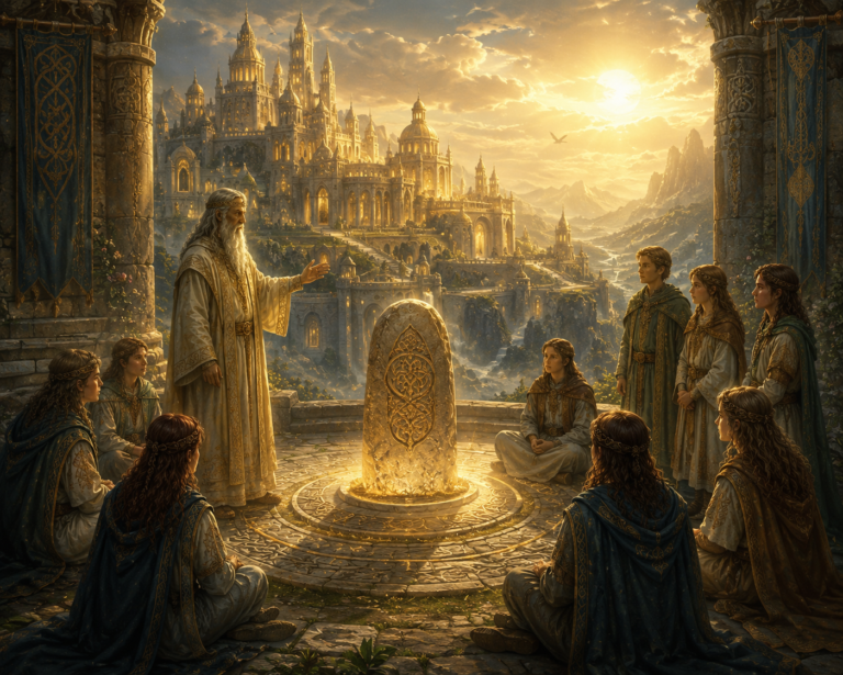 La ciudad de Falias con la Piedra del Destino (Lía Fáil), mientras su maestro Morfesa enseña alos Tuatha Dé Dannan
