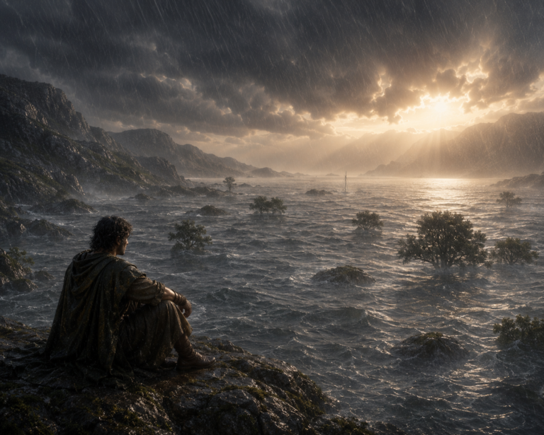 Ilustración del Diluvio cubriendo la costa de la Irlanda mítica mientras Fintan contempla la inundación.