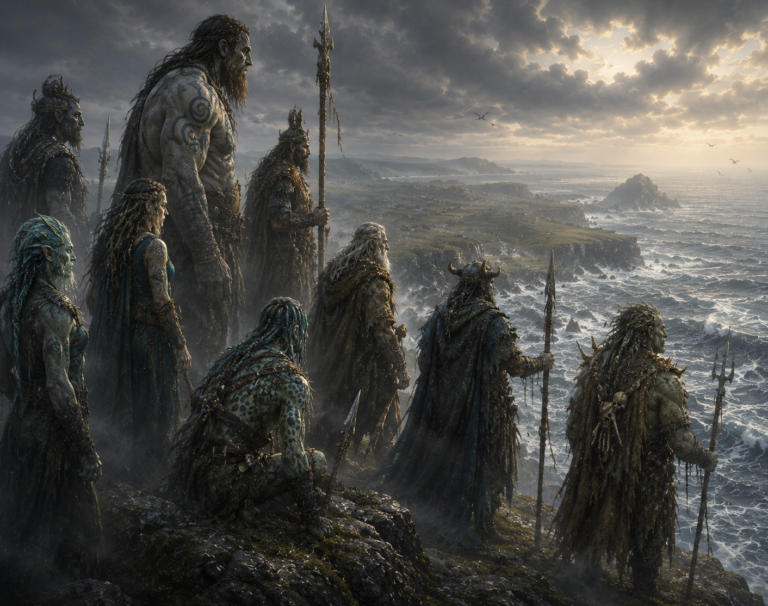 Grupo de Fomorianos con diferentes apariencias, desde humanos hasta gigantes según la mitología irlandesa.