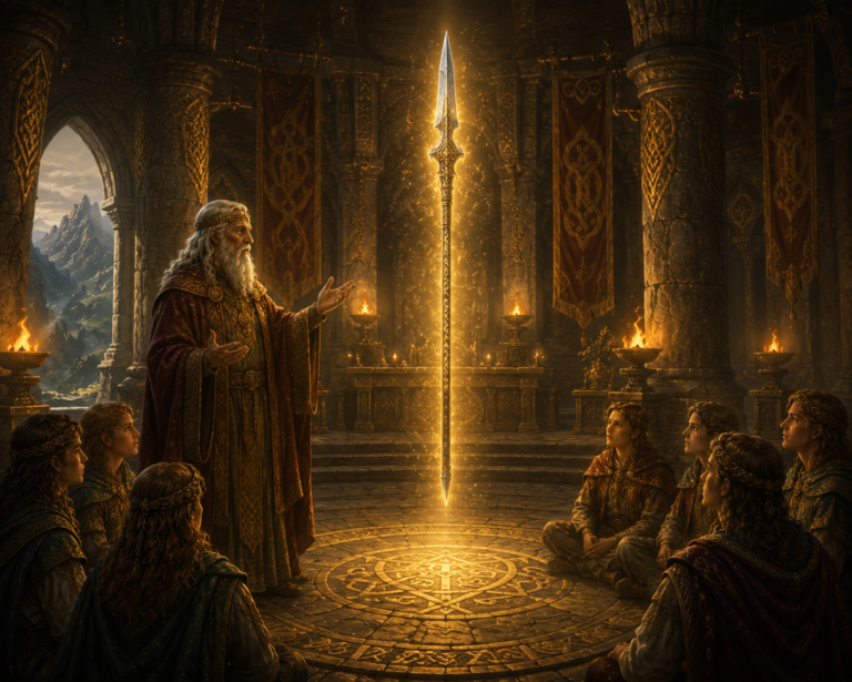 La ciudad de Gorias donde el sabio Esras enseña a los Tuatha Dé Danann con la legendaria lanza de Lugh.