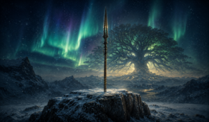 Ilustración de Gungnir la lanza de Odín en la mitología nórdica