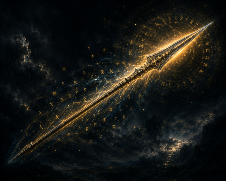 Ilustración de Gungnir, cuya hoja está grabada con runas simbolizando su poder sagrado y su unión con el destino.
