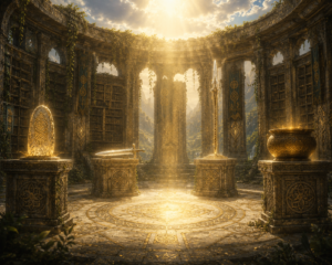 Los cuatro tesoros de los Tuatha Dé danann -la Lía Fáil, la espada de Nuada, la lanza de Lugh y el caldero del Dagda- origen del conocimiento sagrado de las cuatro legendarias ciudades.