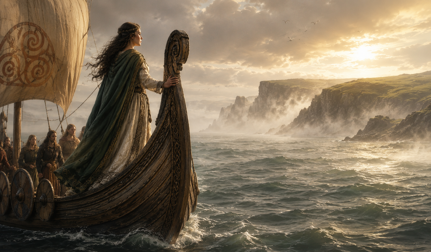 La llegada de Cessair y sus seguidores acercándose en barco a la costa de Irlanda, poco antes del Diluvio según la mitología irlandesa.