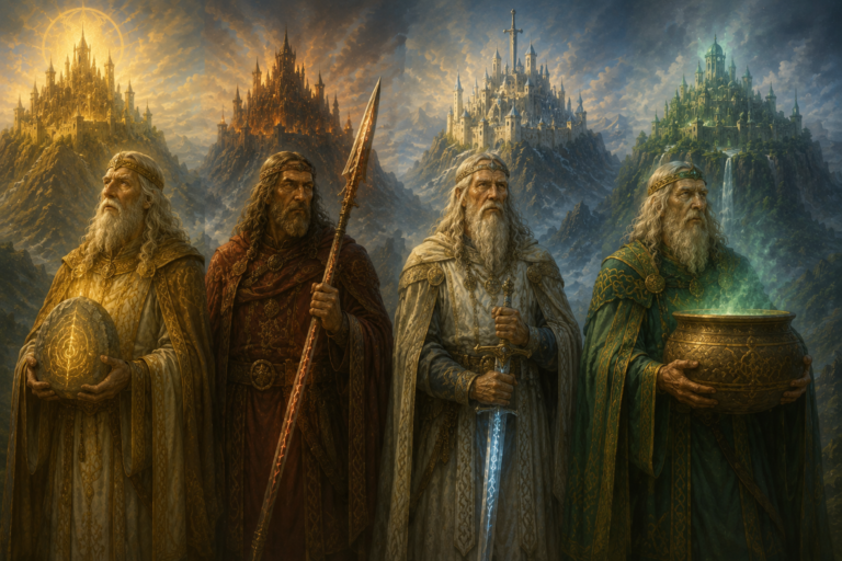Los cuatro grandes maestros Morfesa, Esras, Uiscias y Semias con los símbolos de sus enseñanzas antes las ciudades sagradas donde instruyeron a los Tuatha Dé Danann.