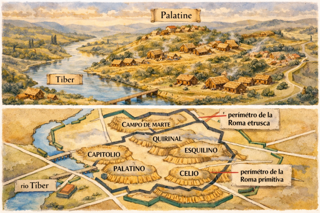Ilustración del mapa de las Siete Colinas de Roma en su fundación.