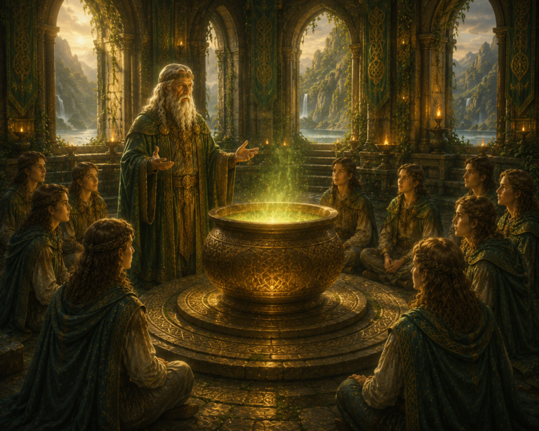 Ciudad de Murias donde el sabio Semias enseña alrededor del caldero de Dagda a los Tuatha Dé Danann.