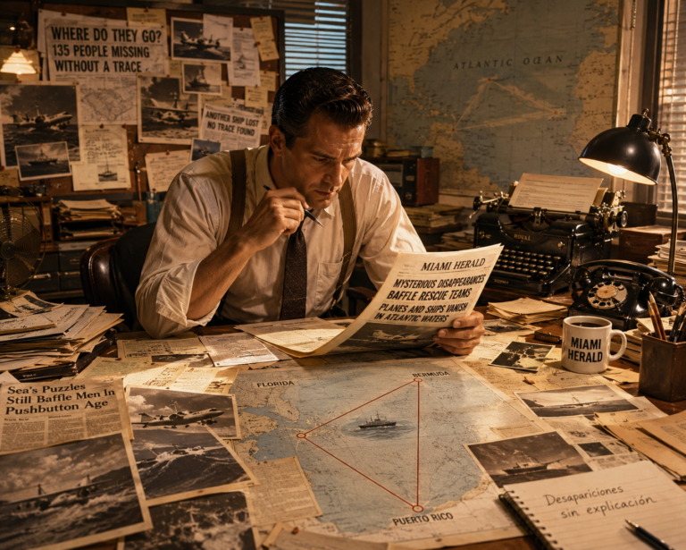 Ilustración de una redacción periodística de los años cincuenta donde los primeros periodistas consultan mapas, periódicos y documentos relacionados con las desapariciones y el nacimiento del mito.