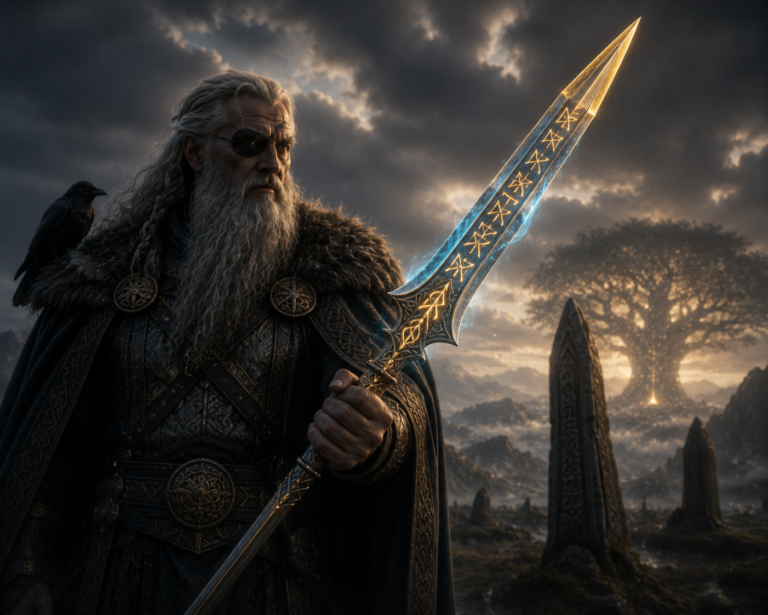 Odín y su lanza Gungnir grabada con runas y forjada por los tres enanos hijos de Ivaldi.