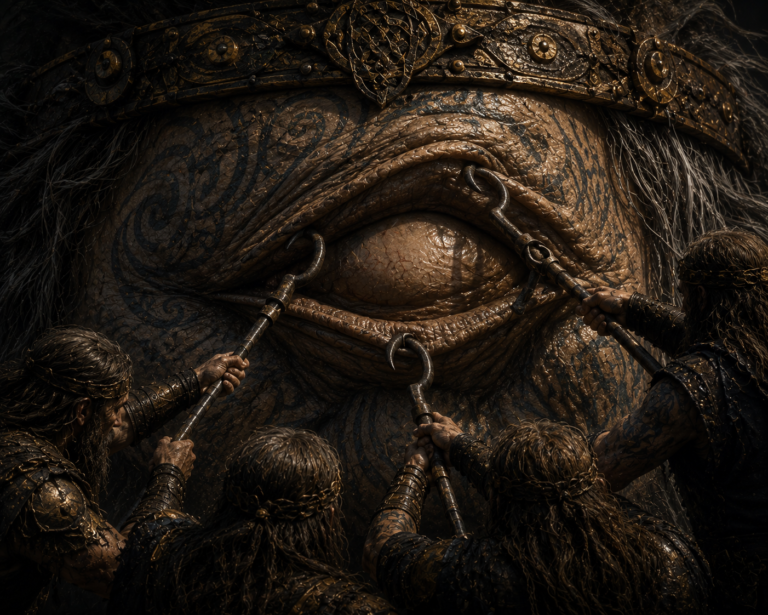 El gigantesco ojo de Balor, su arma más temida, siendo su párpado levantado por varios guerreros con ganchos según la mitología irlandesa.
