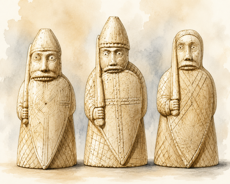 Ilustración editorial de la piezas de ajedrez de Lewis, mostrando varias figuras medievales talladas en el marfil con estética nórdica, entre ellas los famosos guerreros asociados a los berserkers que muerden sus escudos.