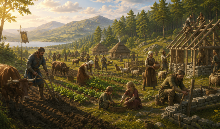 Los primeros colonos de Partholón cultivando la tierra, construyendo cabañas y desarrollando una comunidad en la Irlanda mítica.