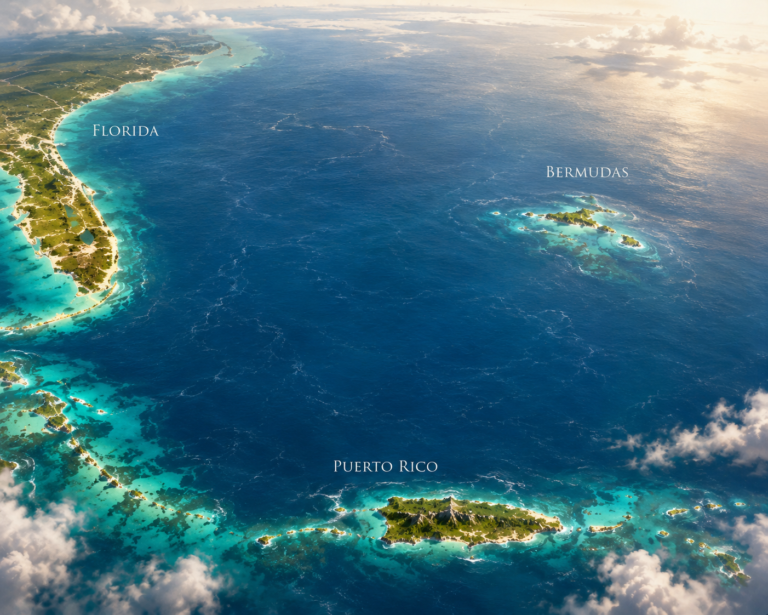 Ilustración con vista aérea del Atlántico donde se distinguen Florida, Bermudas y Puerto Rico.