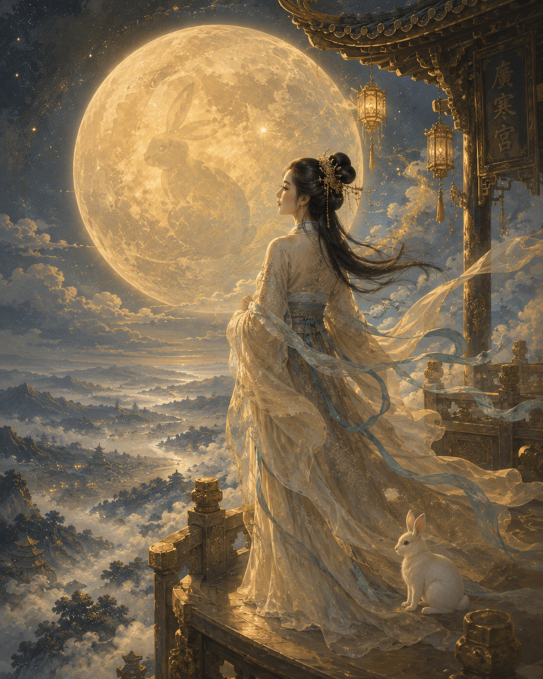 Chang'e en el Palacio Lunar de Guanghan bajo la Luna llena.