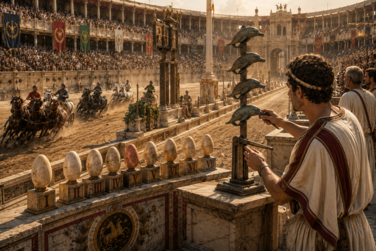 Durante las carreras de cuadrigas en el Circo Máximo, los romanos diseñaron un dispositivo de señalización para indicar las vueltas completadas. Éstos eran delfines y huevos.