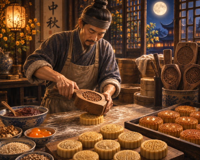 Artesano chino elaborando pasteles de luna tradicionales con un molde madera tallado.