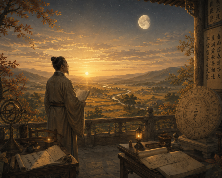 Ilustración editorial de un observador de la antigua China observando los ciclos solares y lunares. El equinoccio de otoño es uno de los veinticuatro términos solares que dividen el ciclo anual.