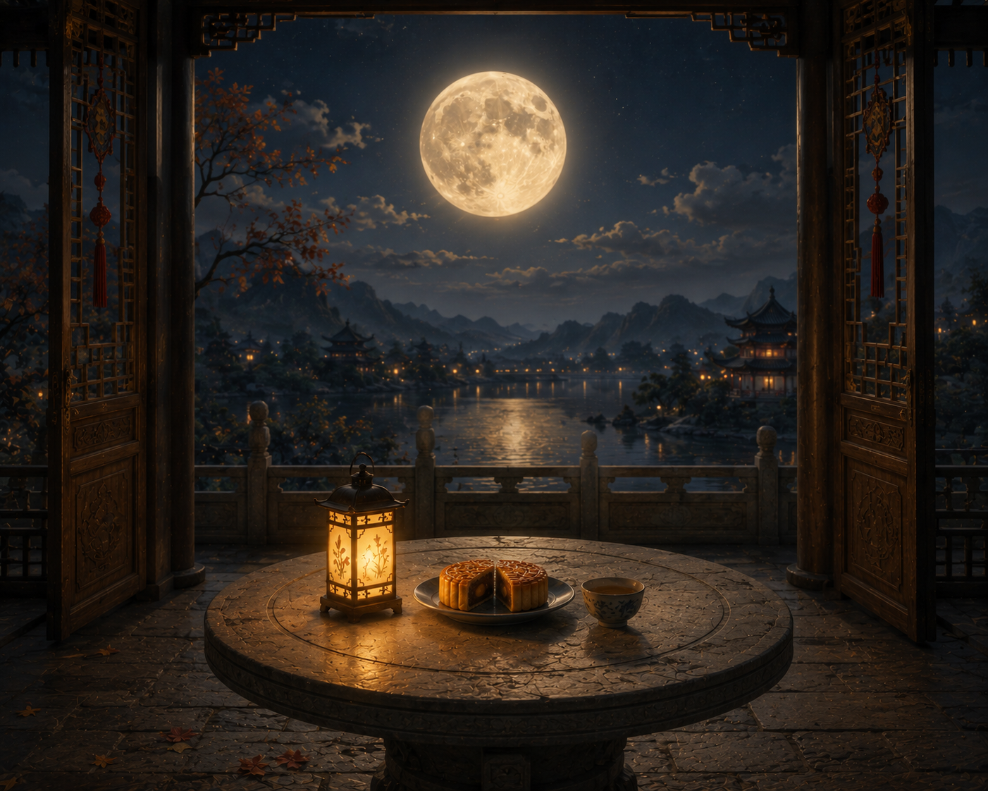 Festival del Medio Otoño o Festival de la Luna en China, con un pastel de luna y farolillo bajo en un cielo nocturno.