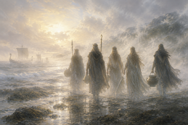 La llegada a Irlanda de los Tuatha Dé Danann envueltos por una espesa niebla mientras transportan los cuatro tesoros sagrados.