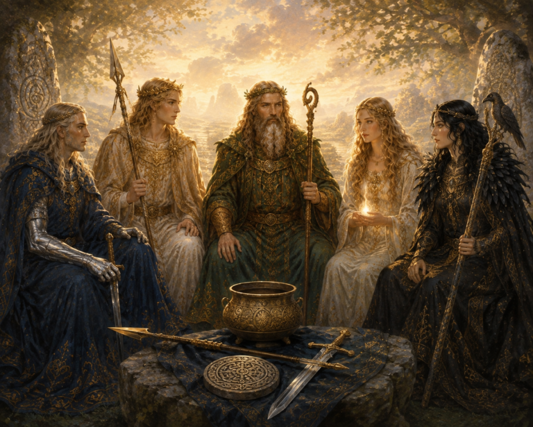 Los principales Tuatha Dé Danann: Nuada, Lugh, Dagda y Morrígan dentro de la tradición irlandesa.