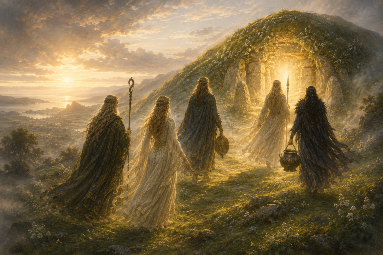 Los Tuatha Dé Danann retirándose hacia una colina sagrada para entrar en el Otro Mundo, dejando atrás el mundo visible según la tradición irlandesa.