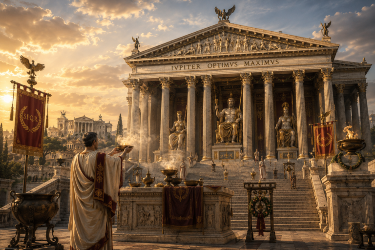 Ilustración del Templo de Júpiter Optimus Maximus en el Capitolio, estaba dedicado a la Tríada Capitolina.