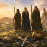 Los Tuatha Dé Danann junto a los cuatro tesoros sagrados antes de comenzar su reinado legendario.