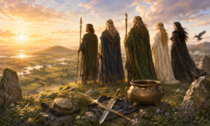 Los Tuatha Dé Danann junto a los cuatro tesoros sagrados antes de comenzar su reinado legendario.