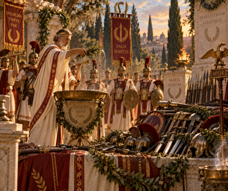 En el ritual del Armilustrium purificaban las armas, excudos, armaduras y trompetas en el Aventino en la Antigua Roma.