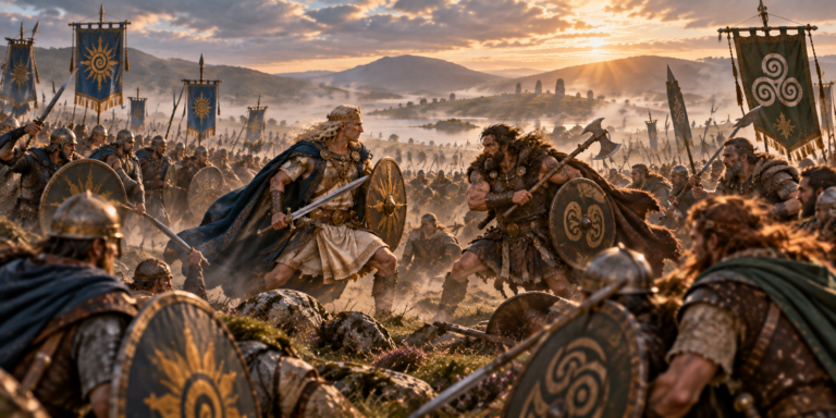 La Primera Batalla de Mag Tuired enfrentó a los Tuatha Dé Danann y los Fir Bolg.