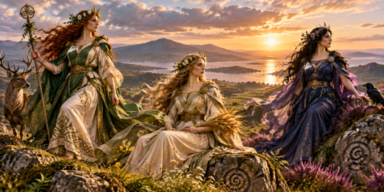 Éiru, Fódla y Banba, las tres figuras femeninas asociadas a la tierra de Irlanda. De una de ellas, Éiru, procede Éire, nombre con el que llamaron a la isla, conocida como Irlanda.