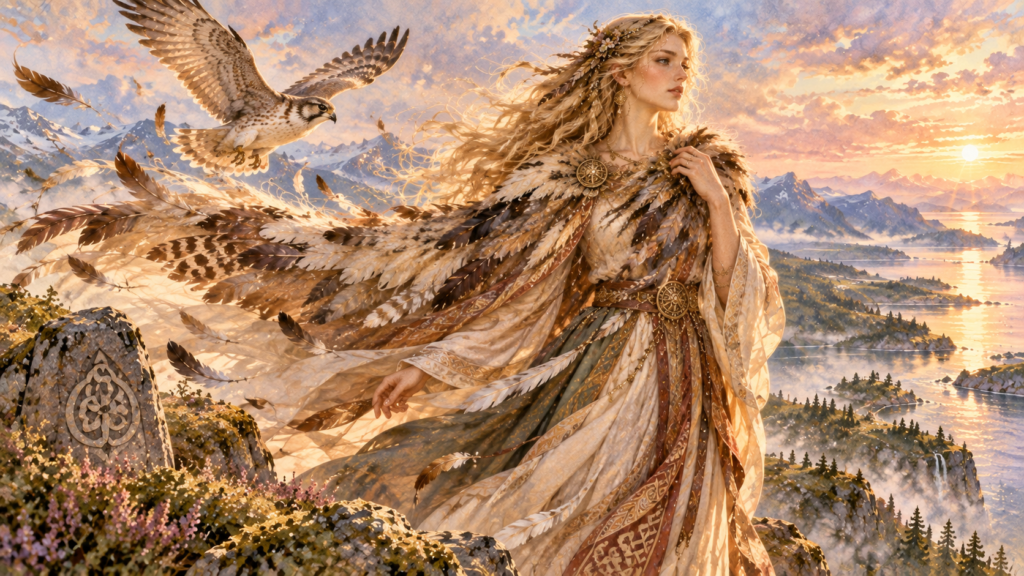 Uno de los objetos o símbolos de Freyja es su manto de plumas, también representada junto a un halcón en la mitología nórdica
