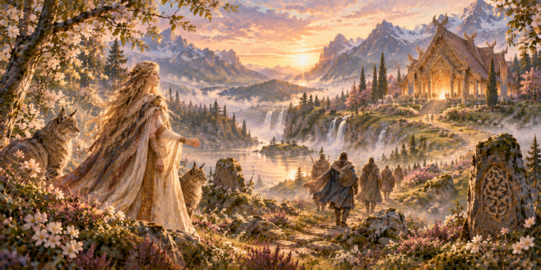 Freyja recibe a la mitad de los guerreros caídos en combate en su dominio, Fólkvangr. Allí se encuentra su gran salón llamado Sessrúmnir.