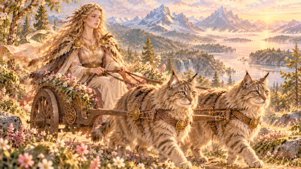 En la mitología nórdica, Freyja viaja en un carro tirado por dos grandes gatos.